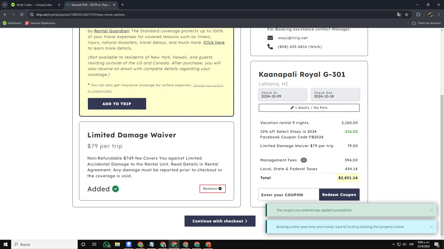 iTrip Vacations checkout page showing iTrip Vacations coupon code box | Screenshot taken by SimplyCodes community member on Sep 25, 2024