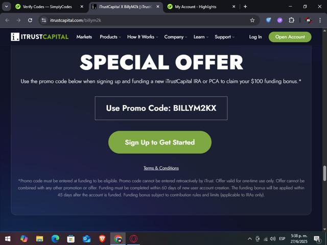 iTrustCapital checkout page showing iTrustCapital promo code box | Screenshot taken by SimplyCodes community member on Jun 27, 2025