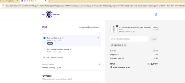 It's A 10 checkout page showing It's A 10 coupon code box | Screenshot taken by SimplyCodes community member on Sep 11, 2025