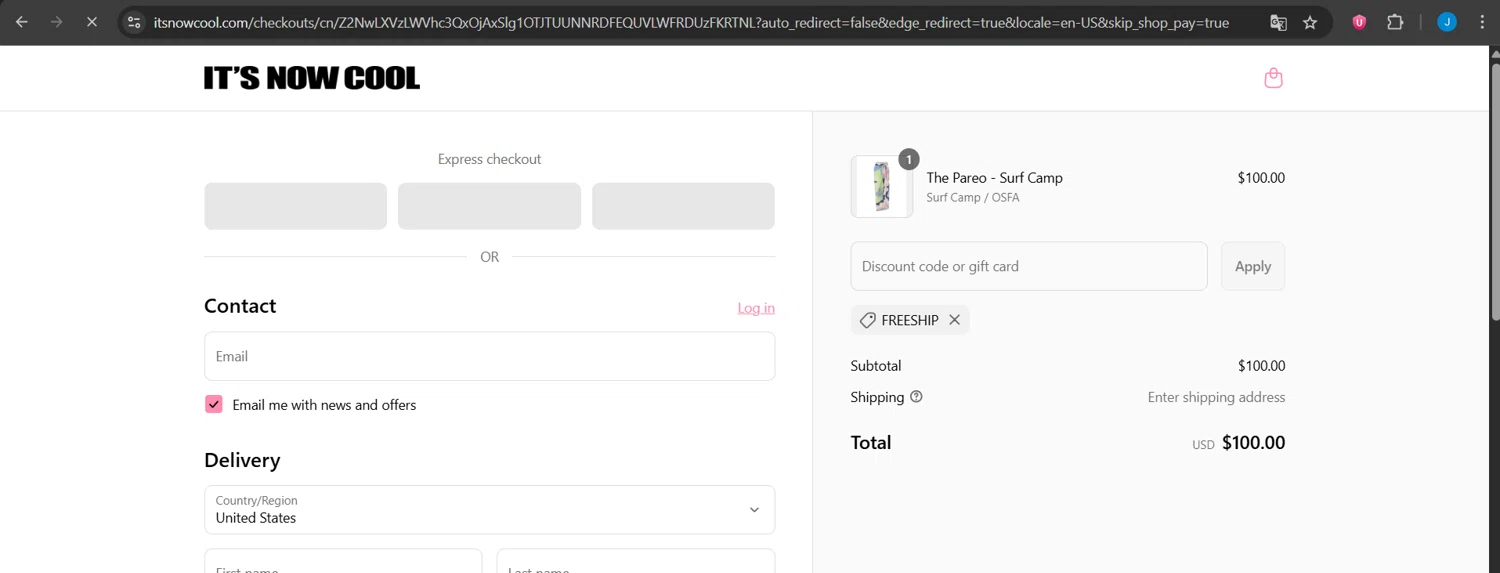 It's Now Cool discount code screenshot showing code FREESHIP applied at It's Now Cool checkout page. Uploaded by SimplyCodes community member Jeanjc on Jun 7, 2025