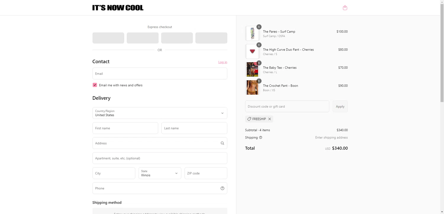 It's Now Cool discount code screenshot showing code FREESHIP applied at It's Now Cool checkout page. Uploaded by SimplyCodes community member WiseMonarch6687 on May 24, 2025