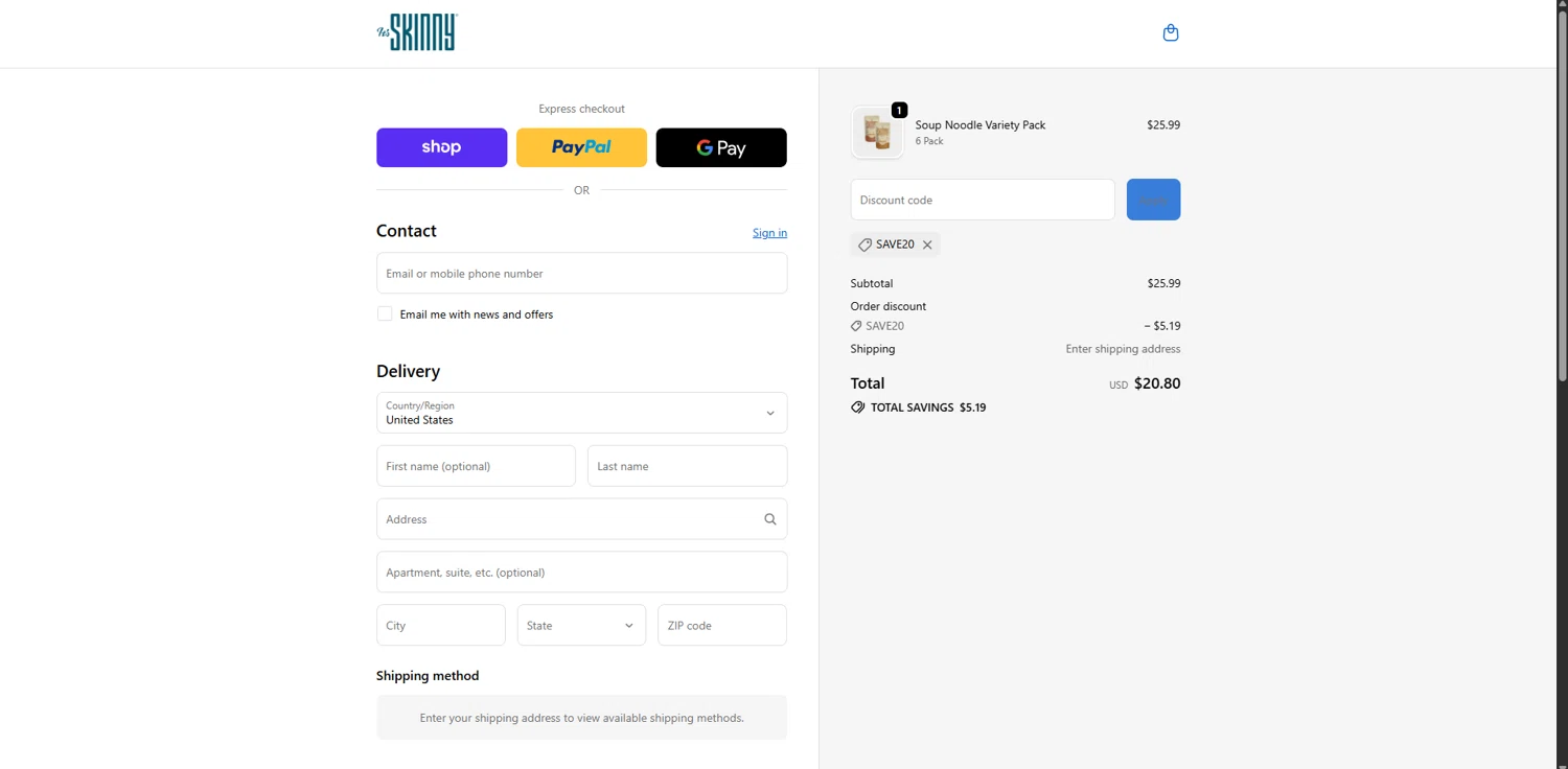 It's Skinny promo code screenshot showing code SAVE20 applied at It's Skinny checkout page. Uploaded by SimplyCodes community member TreasureChaser3010 on Nov 1, 2025