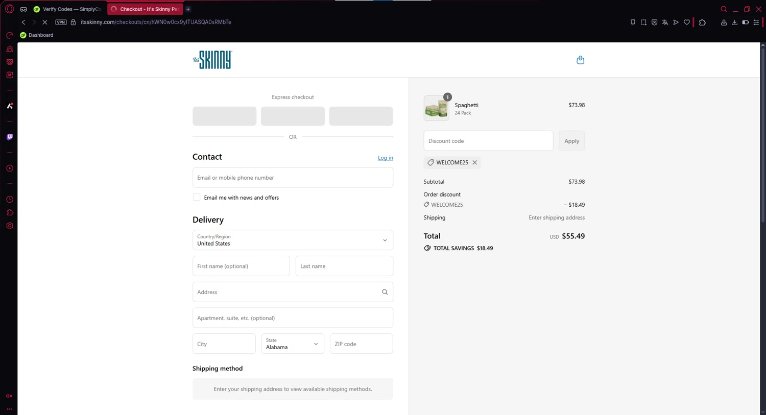 It's Skinny promo code screenshot showing code WELCOME25 applied at It's Skinny checkout page. Uploaded by SimplyCodes community member MoneyKnight5311 on Jul 22, 2025