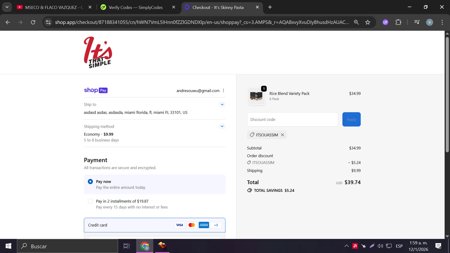 It's Skinny promo code screenshot showing code ITSOUASSIM applied at It's Skinny checkout page. Uploaded by SimplyCodes community member Frizk_1 on Jan 12, 2026