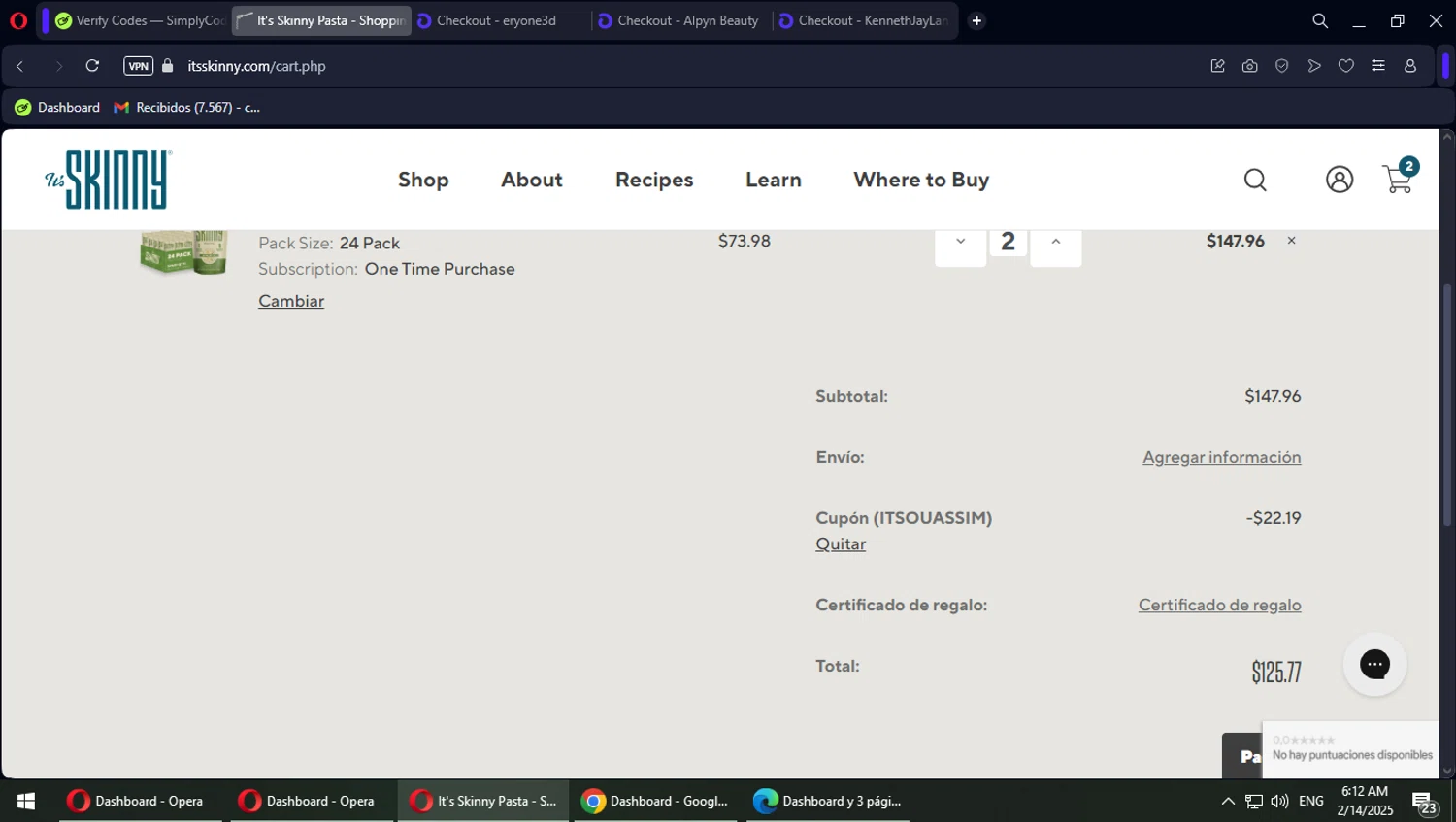 It's Skinny promo code screenshot showing code ITSOUASSIM applied at It's Skinny checkout page. Uploaded by SimplyCodes community member Typhlosion on Feb 14, 2025