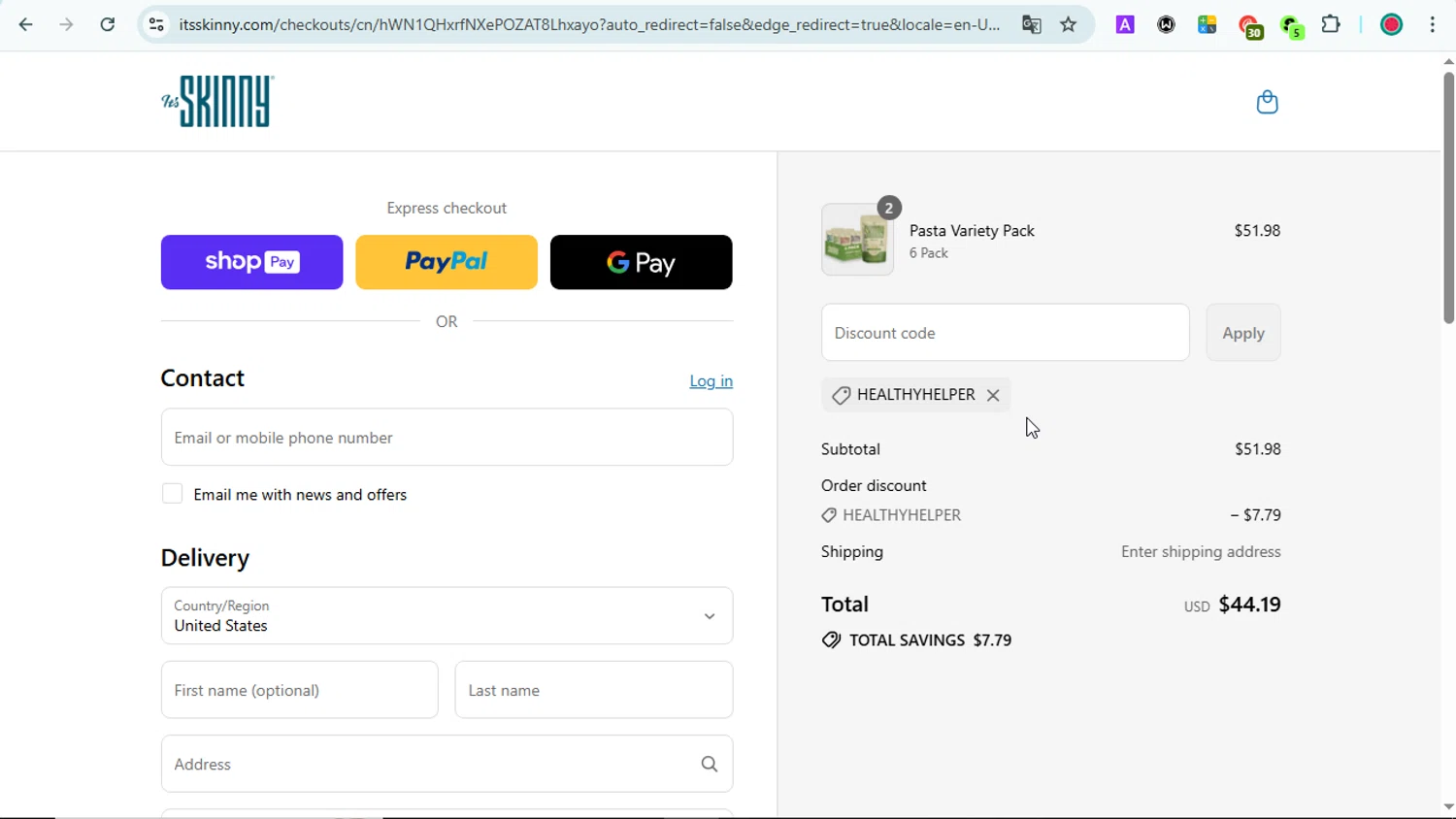 It's Skinny promo code screenshot showing code HEALTHYHELPER applied at It's Skinny checkout page. Uploaded by SimplyCodes community member LOVECOUPON on Aug 4, 2025