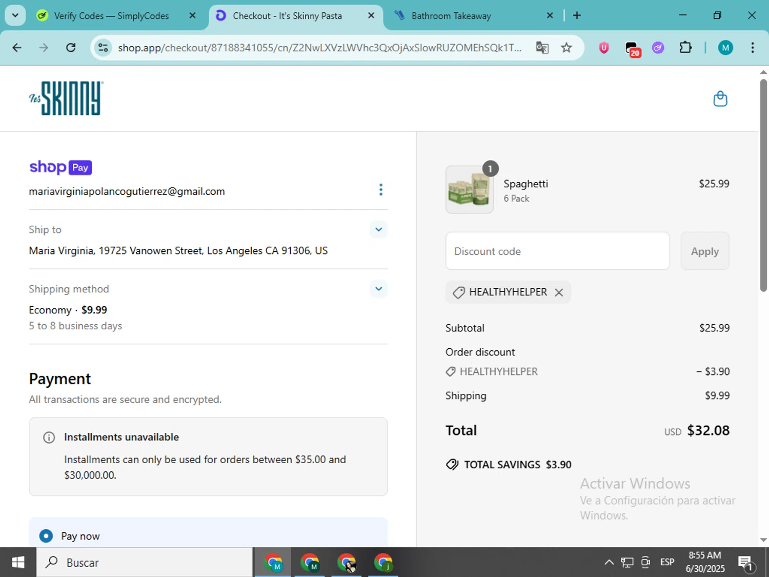 It's Skinny promo code screenshot showing code HEALTHYHELPER applied at It's Skinny checkout page. Uploaded by SimplyCodes community member estrellaveloz on Jun 30, 2025