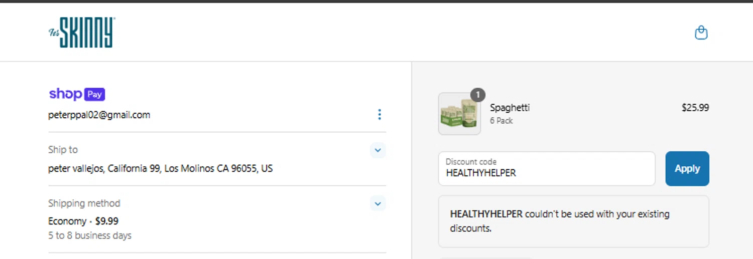 It's Skinny promo code screenshot showing code HEALTHYHELPER applied at It's Skinny checkout page. Uploaded by SimplyCodes community member ricardoramirez1 on Jun 30, 2025