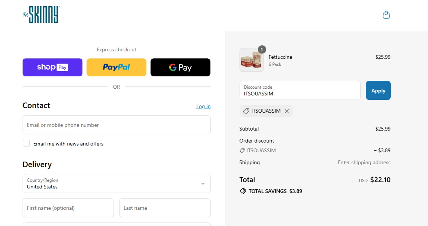 It's Skinny promo code screenshot showing code ITSOUASSIM applied at It's Skinny checkout page. Uploaded by SimplyCodes community member shark12 on Jul 31, 2025