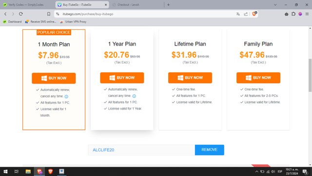 ITubeGo checkout page showing ITubeGo coupon code box | Screenshot taken by SimplyCodes community member on Jul 23, 2024