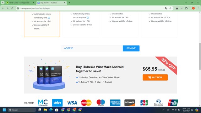 ITubeGo checkout page showing ITubeGo coupon code box | Screenshot taken by SimplyCodes community member on Jul 23, 2024