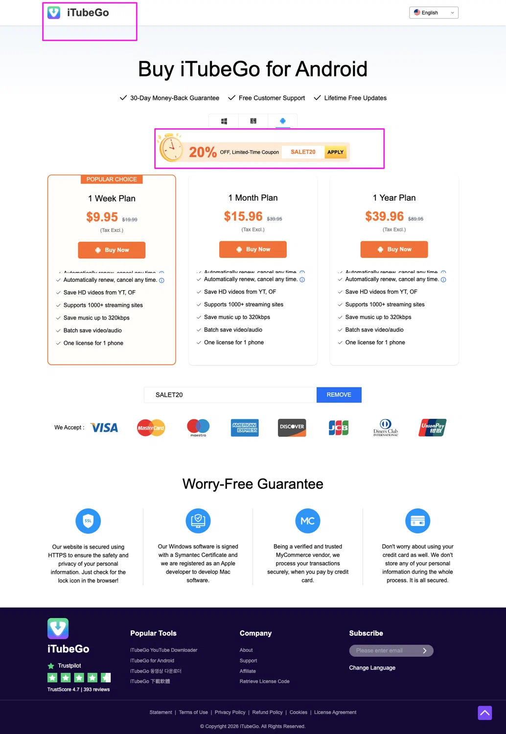 ITubeGo promo code screenshot showing code SALET20 applied at ITubeGo checkout page. Uploaded by SimplyCodes community member chandlerbing on Jun 6, 2026