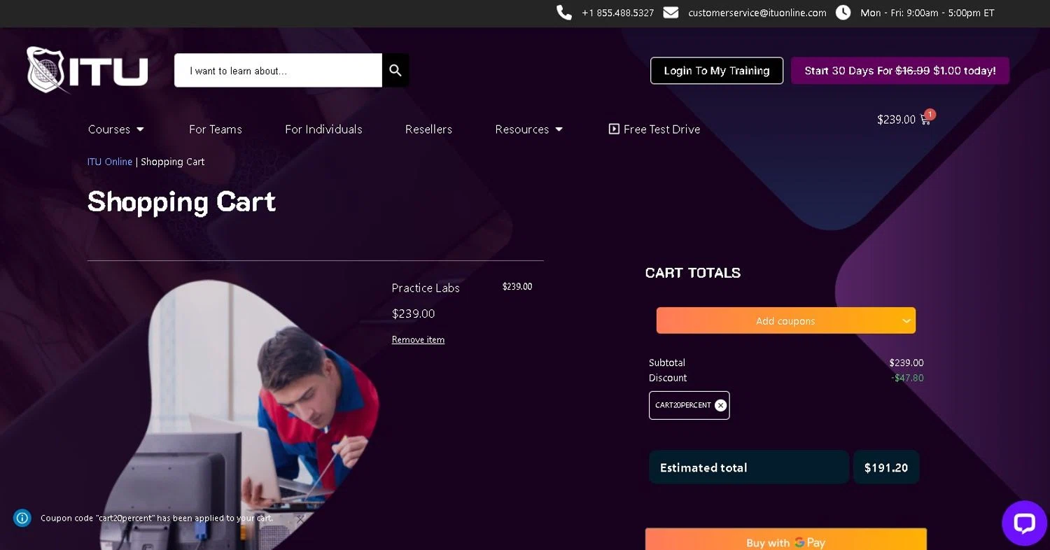 ITU Online coupon code screenshot showing code cart20percent applied at ITU Online checkout page. Uploaded by SimplyCodes community member LAMINEJAMAL on Nov 6, 2025