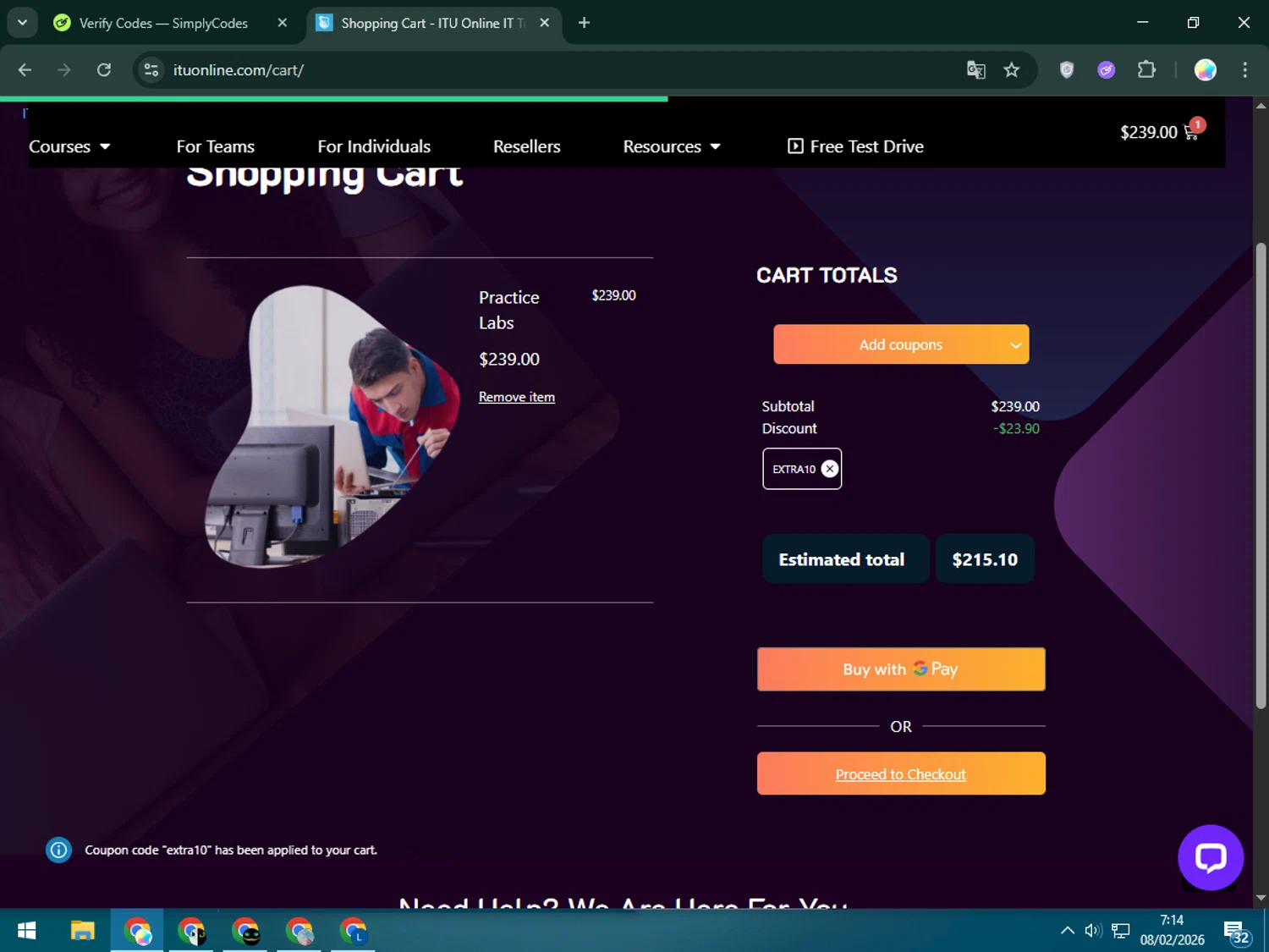 ITU Online coupon code screenshot showing code extra10 applied at ITU Online checkout page. Uploaded by SimplyCodes community member Estrellitacoairis on Feb 8, 2026