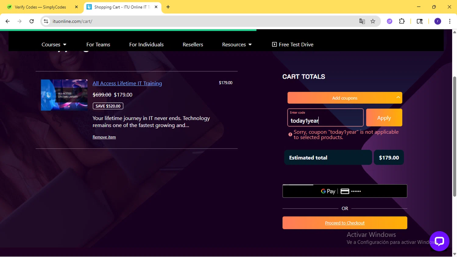 ITU Online coupon code screenshot showing code today1year applied at ITU Online checkout page. Uploaded by SimplyCodes community member AberthGotopo on Sep 14, 2025