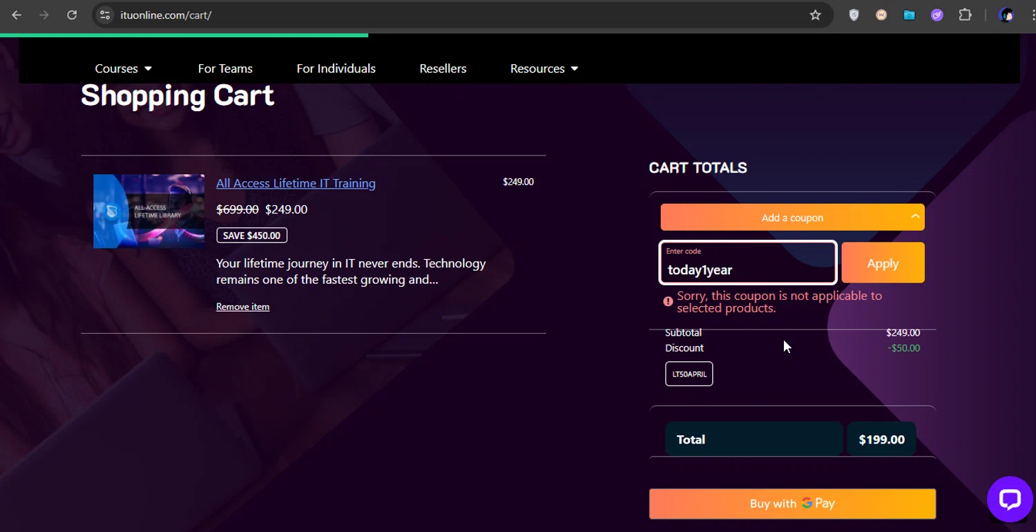 ITU Online coupon code screenshot showing code today1year applied at ITU Online checkout page. Uploaded by SimplyCodes community member xXSATOXx on Jun 14, 2025