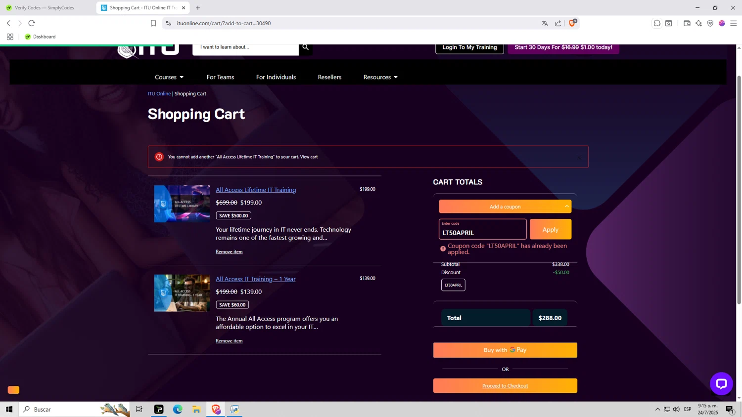ITU Online coupon code screenshot showing code LT50APRIL applied at ITU Online checkout page. Uploaded by SimplyCodes community member Monitos on Jul 24, 2025
