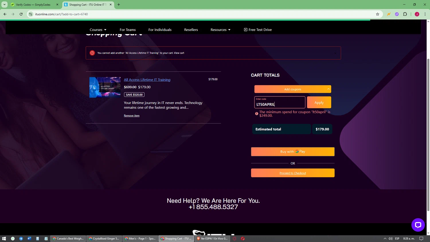 ITU Online coupon code screenshot showing code LT50APRIL applied at ITU Online checkout page. Uploaded by SimplyCodes community member joaojesus on Sep 20, 2025
