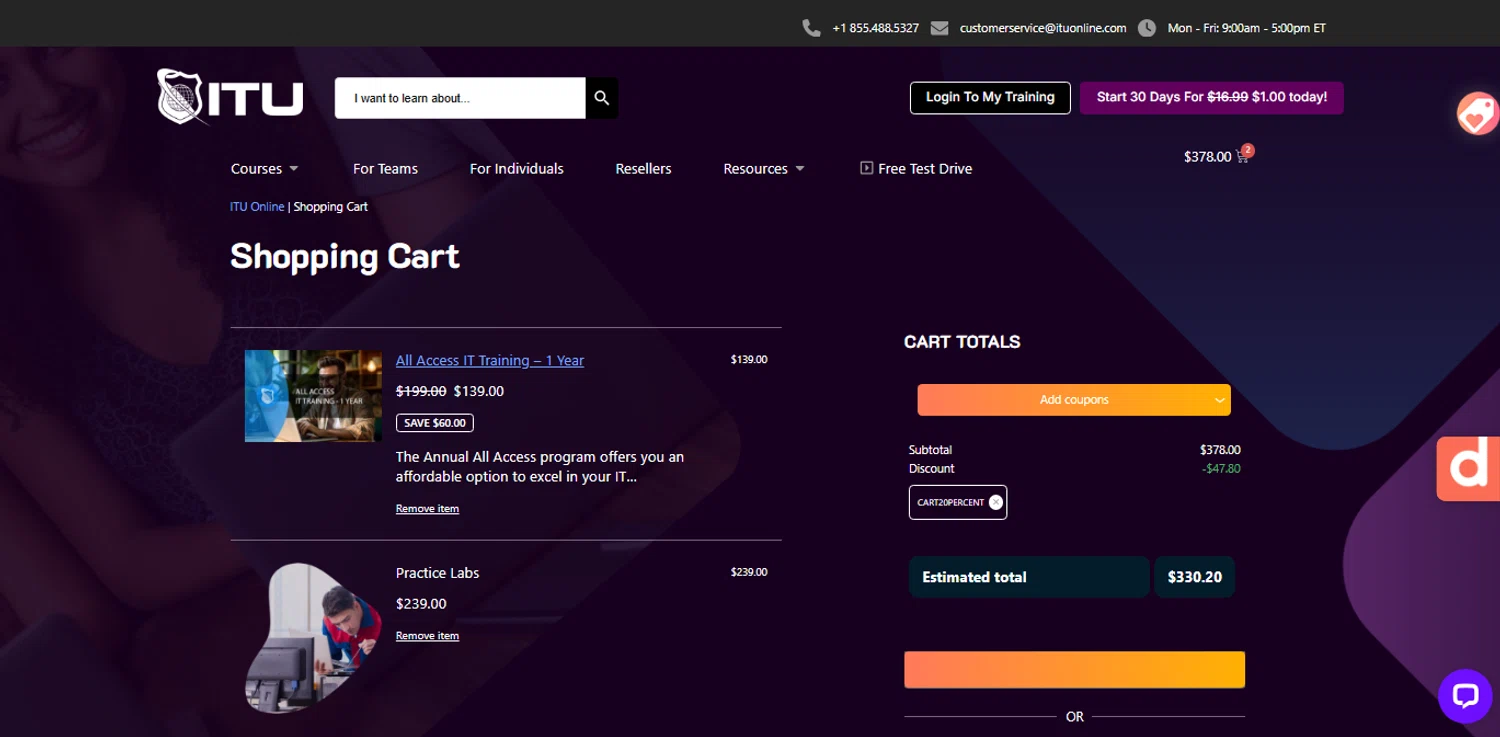 ITU Online coupon code screenshot showing code cart20percent applied at ITU Online checkout page. Uploaded by SimplyCodes community member ESTHER3121 on Nov 6, 2025