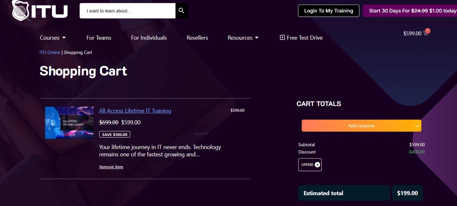 ITU Online coupon code screenshot showing code LIFE400 applied at ITU Online checkout page. Uploaded by SimplyCodes community member jesspea on Dec 9, 2025