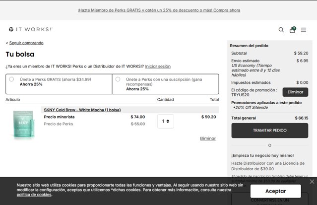 It Works checkout page showing It Works promo code box | Screenshot taken by SimplyCodes community member on Aug 27, 2025