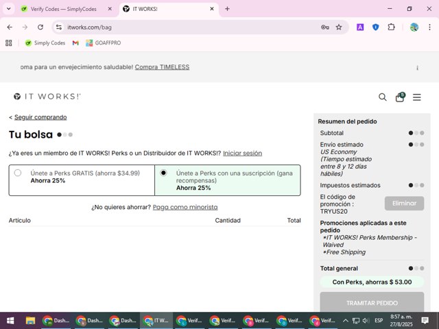 It Works checkout page showing It Works promo code box | Screenshot taken by SimplyCodes community member on Aug 27, 2025