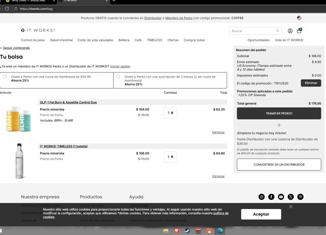 It Works checkout page showing It Works promo code box | Screenshot taken by SimplyCodes community member on Aug 16, 2025