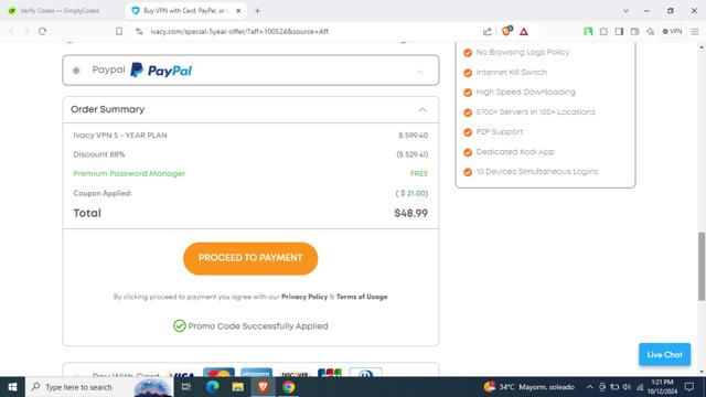 Ivacy VPN checkout page showing Ivacy VPN promo code box | Screenshot taken by SimplyCodes community member on Oct 12, 2024