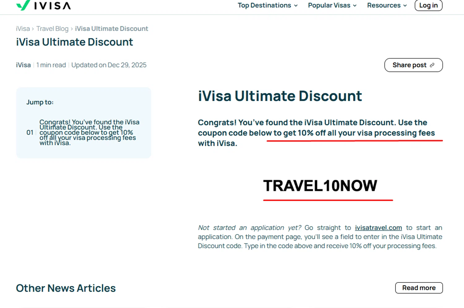 iVisa.com promo code screenshot showing code TRAVEL10N0W applied at iVisa.com checkout page. Uploaded by SimplyCodes community member morella687 on Jun 6, 2026