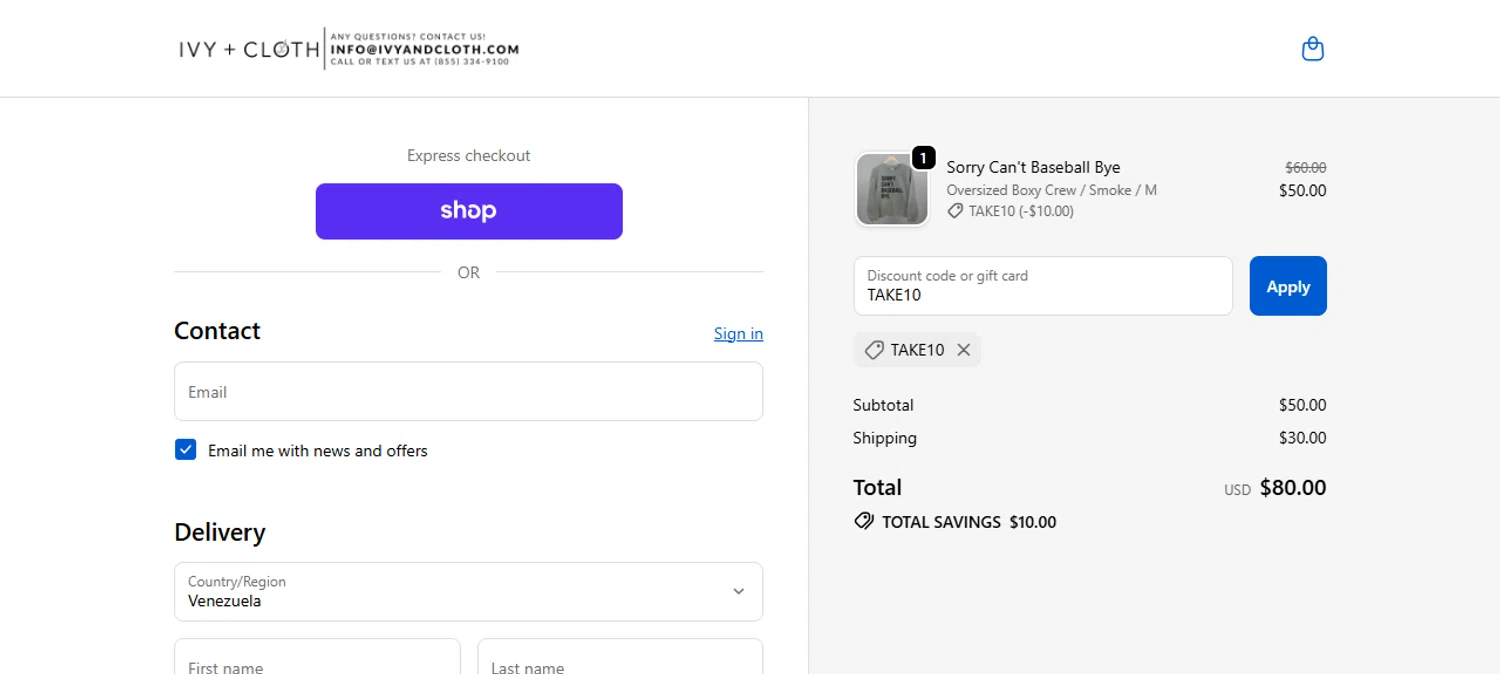 Ivy + Cloth discount code screenshot showing code TAKE10 applied at Ivy + Cloth checkout page. Uploaded by SimplyCodes community member JesusCaballero on Oct 27, 2025