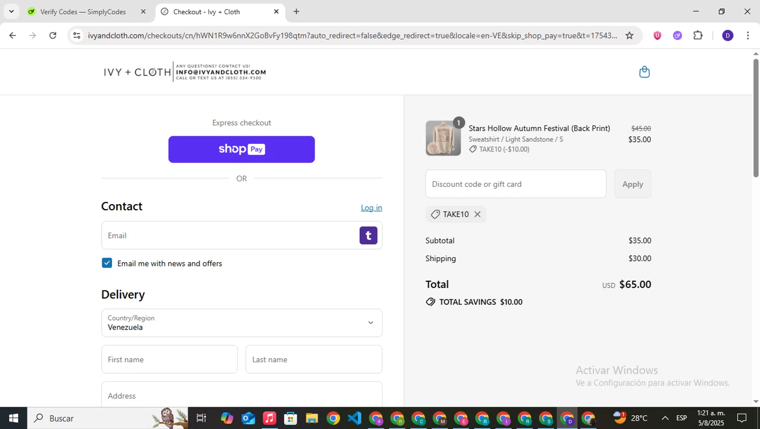 Ivy + Cloth discount code screenshot showing code TAKE10 applied at Ivy + Cloth checkout page. Uploaded by SimplyCodes community member PrimeNavigator3251 on Aug 5, 2025