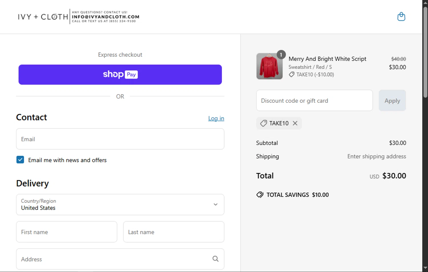 Ivy + Cloth discount code screenshot showing code TAKE10 applied at Ivy + Cloth checkout page. Uploaded by SimplyCodes community member MagnificentFalcon188 on May 3, 2025