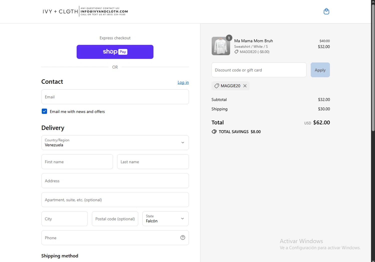 Ivy + Cloth discount code screenshot showing code MAGGIE20 applied at Ivy + Cloth checkout page. Uploaded by SimplyCodes community member Carlosramirez09 on Aug 27, 2025