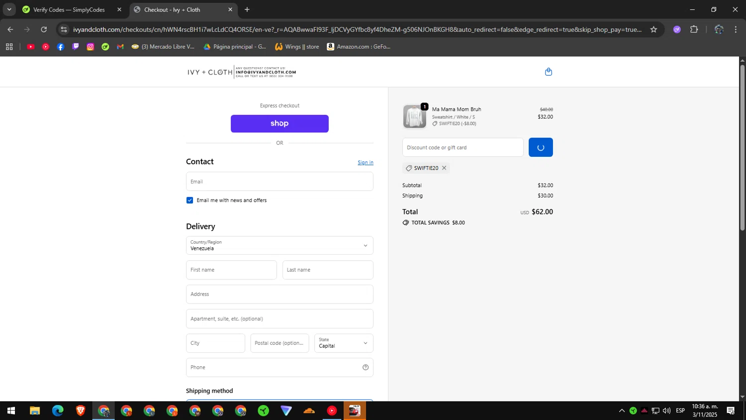 Ivy + Cloth discount code screenshot showing code SWIFTIE20 applied at Ivy + Cloth checkout page. Uploaded by SimplyCodes community member RoyalAdmiral1682 on Nov 3, 2025