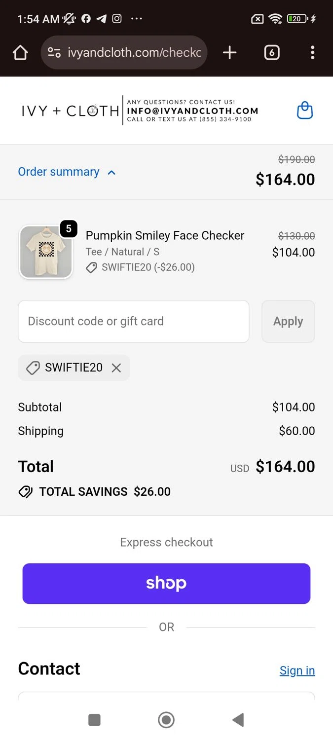 Ivy + Cloth discount code screenshot showing code SWIFTIE20 applied at Ivy + Cloth checkout page. Uploaded by SimplyCodes community member widdyto on Oct 19, 2025