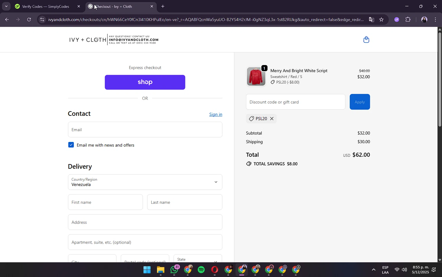 Ivy + Cloth discount code screenshot showing code PSL20 applied at Ivy + Cloth checkout page. Uploaded by SimplyCodes community member VictoriousVirtuoso8516 on Dec 6, 2025