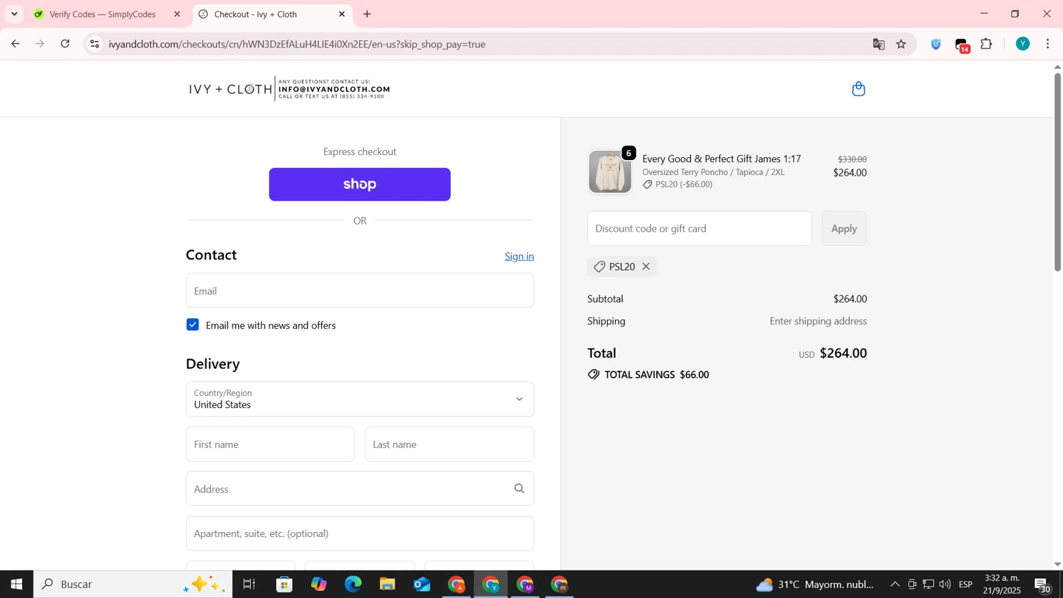 Ivy + Cloth discount code screenshot showing code PSL20 applied at Ivy + Cloth checkout page. Uploaded by SimplyCodes community member codygakpo on Sep 21, 2025