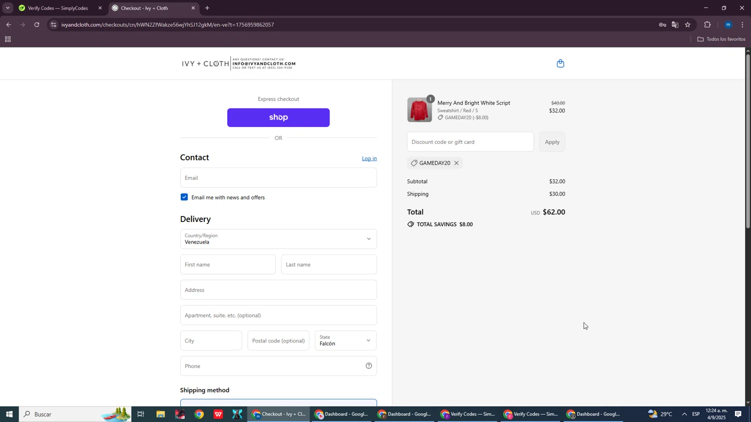 Ivy + Cloth discount code screenshot showing code GAMEDAY20 applied at Ivy + Cloth checkout page. Uploaded by SimplyCodes community member SmartWizard8062 on Sep 4, 2025