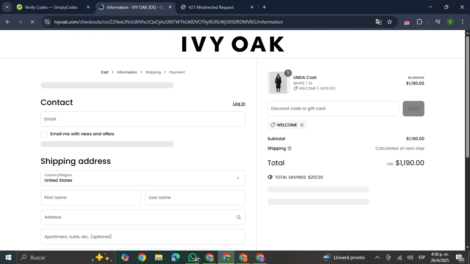 Ivy Oak promo code screenshot showing code WELCOME applied at Ivy Oak checkout page. Uploaded by SimplyCodes community member RewardMaverick445 on Apr 26, 2025