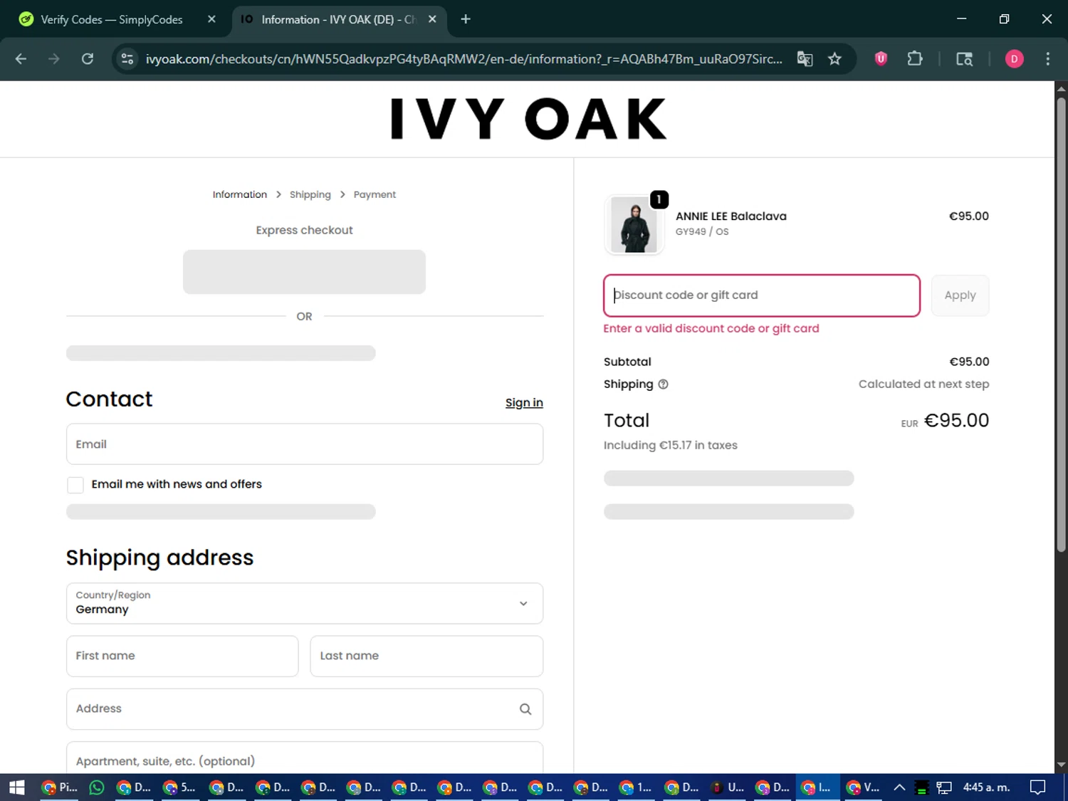 Ivy Oak promo code screenshot showing code nov200 applied at Ivy Oak checkout page. Uploaded by SimplyCodes community member MoneySeeker7165 on Nov 9, 2025