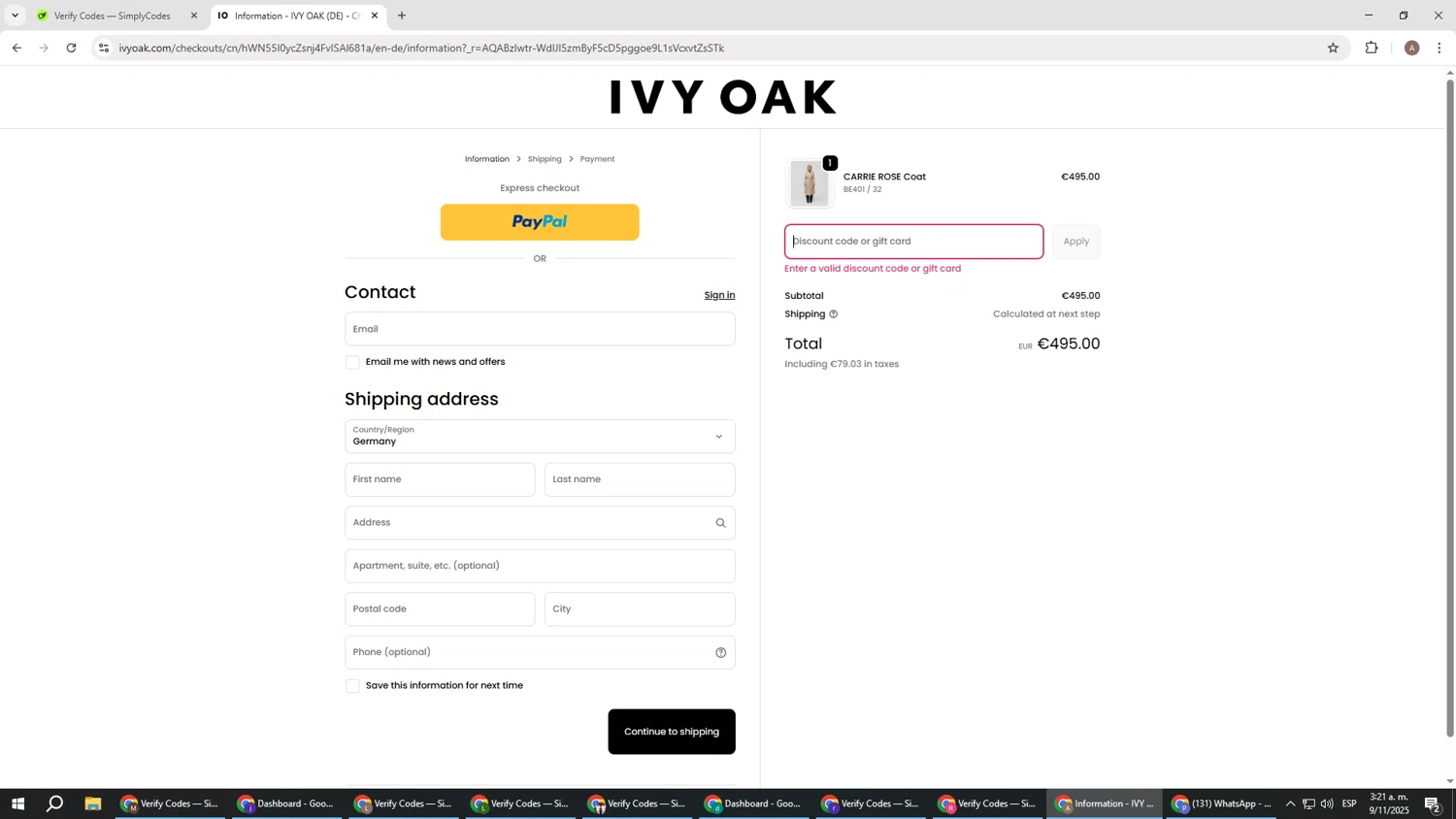 Ivy Oak promo code screenshot showing code nov200 applied at Ivy Oak checkout page. Uploaded by SimplyCodes community member SwiftSage2309 on Nov 9, 2025