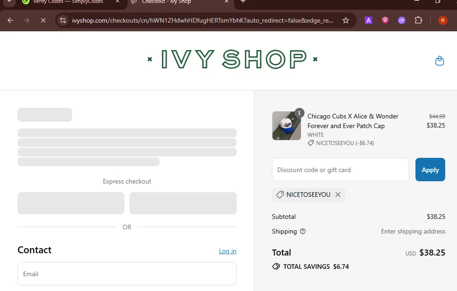 Ivy Shop discount code screenshot showing code NICETOSEEYOU applied at Ivy Shop checkout page. Uploaded by SimplyCodes community member PromoHawk3429 on Aug 8, 2025