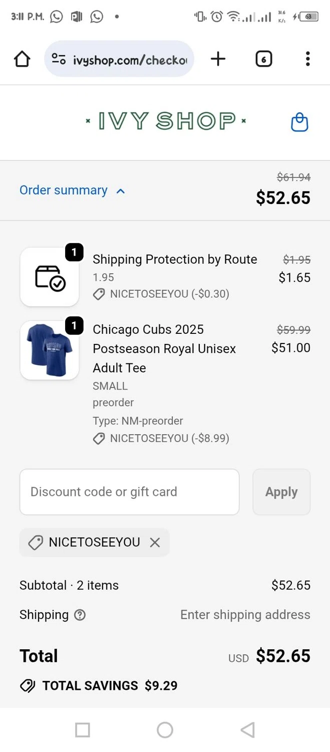 Ivy Shop discount code screenshot showing code NICETOSEEYOU applied at Ivy Shop checkout page. Uploaded by SimplyCodes community member tumiedo on Sep 29, 2025