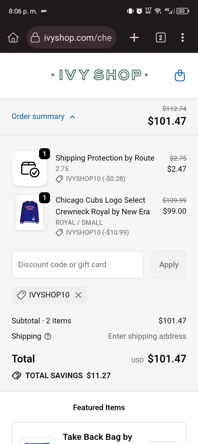 Ivy Shop discount code screenshot showing code IVYSHOP10 applied at Ivy Shop checkout page. Uploaded by SimplyCodes community member ScanExpert7367 on Nov 3, 2025