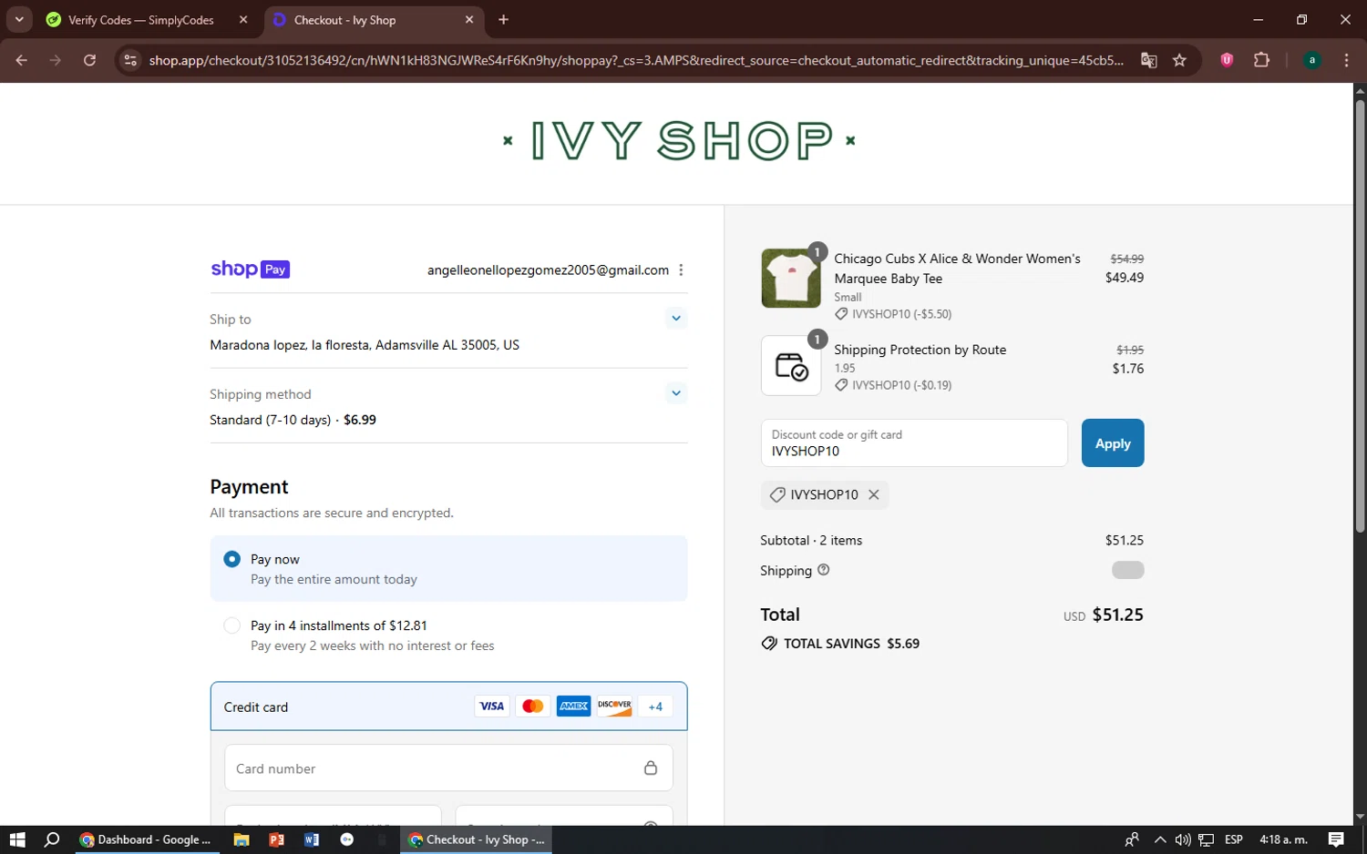 Ivy Shop discount code screenshot showing code IVYSHOP10 applied at Ivy Shop checkout page. Uploaded by SimplyCodes community member zizu55 on Aug 13, 2025
