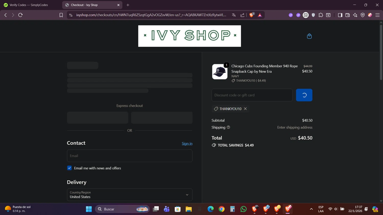 Ivy Shop discount code screenshot showing code thankyou10 applied at Ivy Shop checkout page. Uploaded by SimplyCodes community member FortunateRanger1171 on Jan 22, 2026