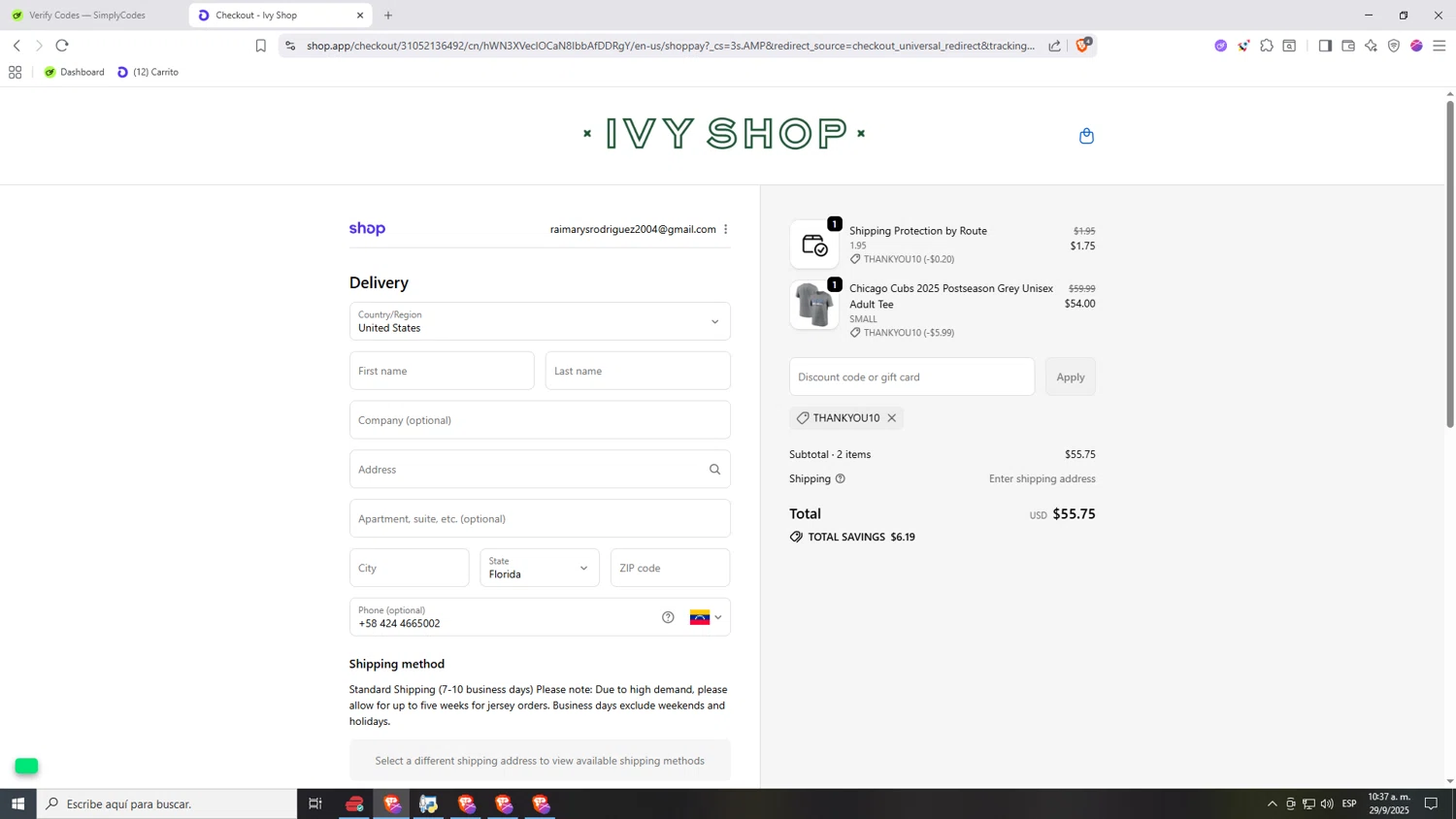Ivy Shop discount code screenshot showing code thankyou10 applied at Ivy Shop checkout page. Uploaded by SimplyCodes community member Nezukooo on Sep 29, 2025
