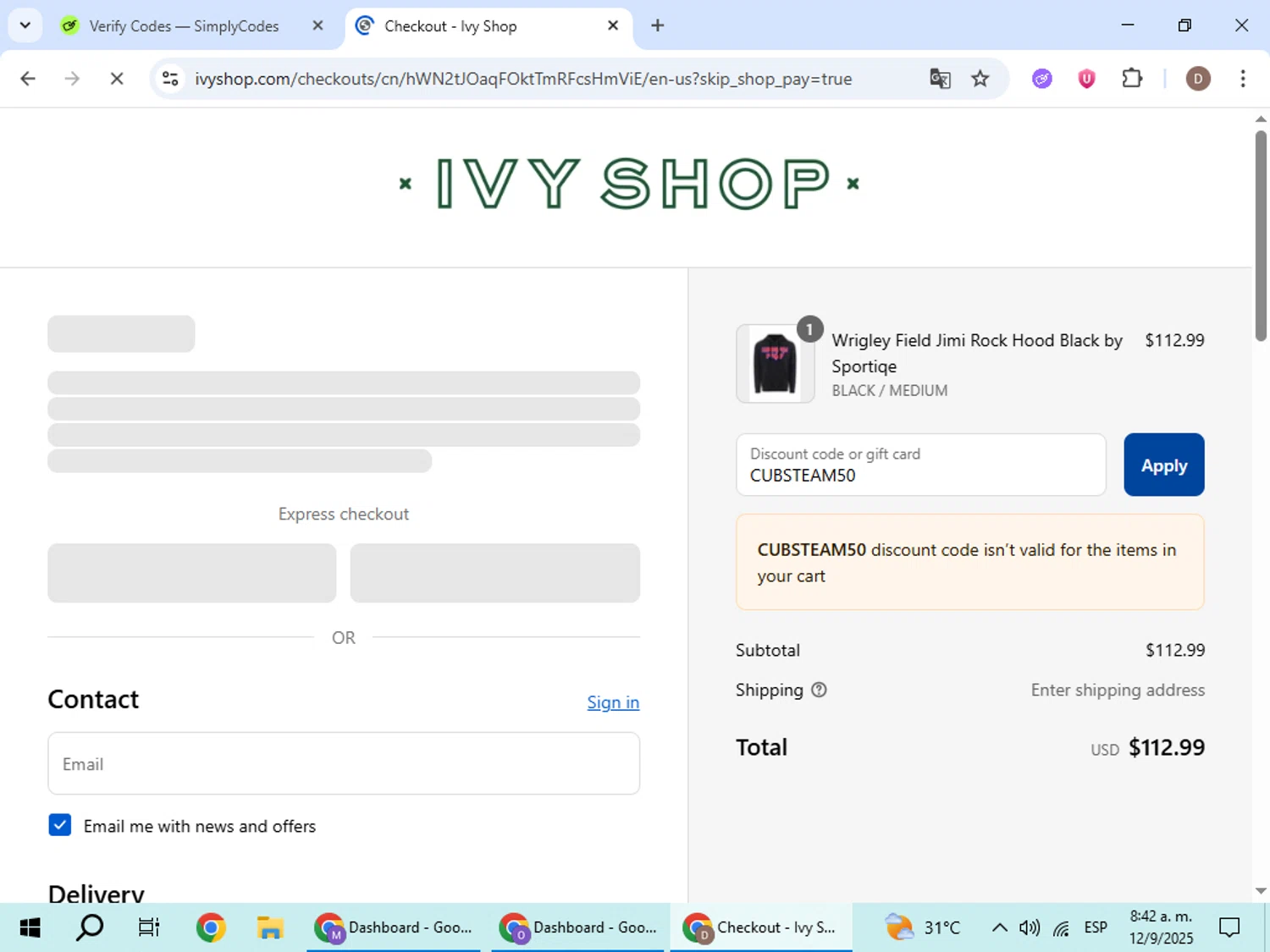 Ivy Shop discount code screenshot showing code CUBSTEAM50 applied at Ivy Shop checkout page. Uploaded by SimplyCodes community member BrilliantWizard8884 on Sep 12, 2025