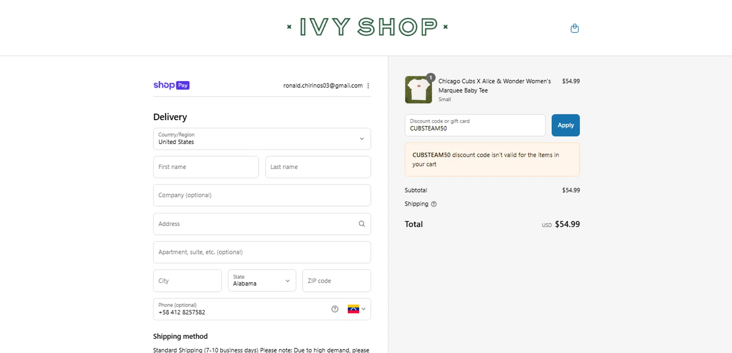 Ivy Shop discount code screenshot showing code CUBSTEAM50 applied at Ivy Shop checkout page. Uploaded by SimplyCodes community member GoldAce6962 on Aug 5, 2025