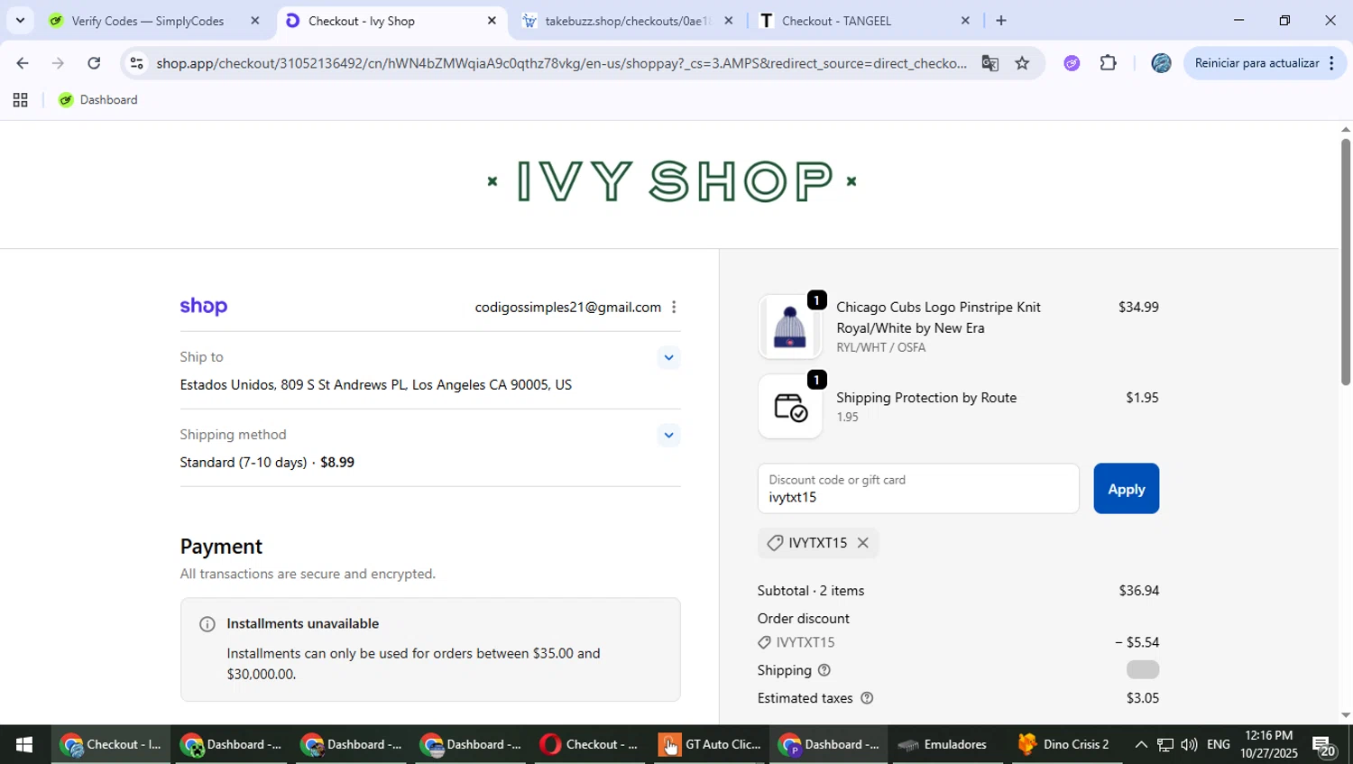 Ivy Shop discount code screenshot showing code ivytxt15 applied at Ivy Shop checkout page. Uploaded by SimplyCodes community member PokeGOAT on Oct 27, 2025